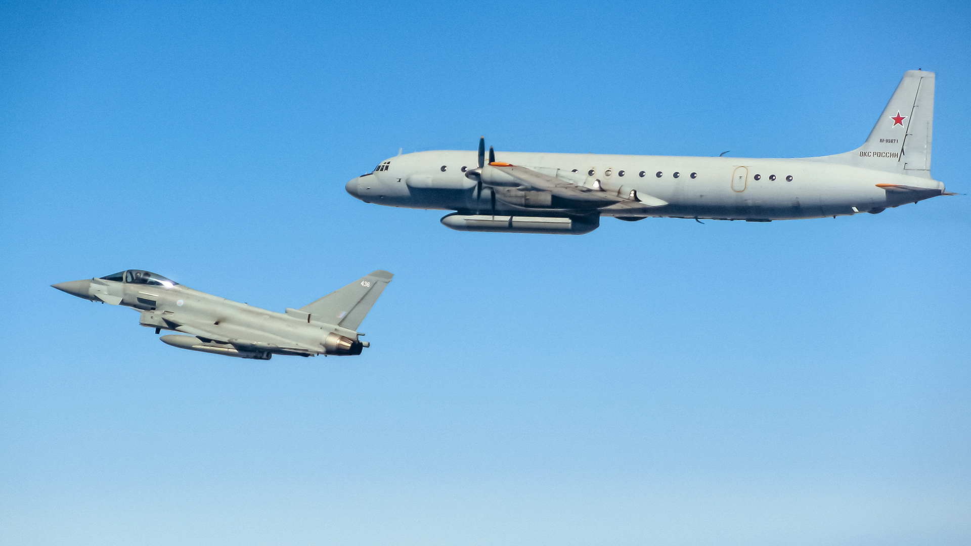 The Typhoon keeps a close watch on the Russian  Il-20M, which was one of more than 20 such interceptions